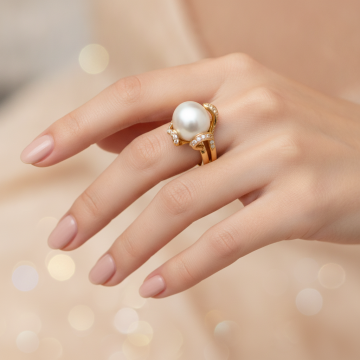 Exklusiver, handgefertigter Ring mit Perle und Diamanten