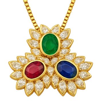 Kostbare Anhänger/Brosche mit Brillanten, Saphir, Smaragd und Rubin – Venezianerkette