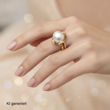 Exklusiver, handgefertigter Ring mit Perle und Diamanten